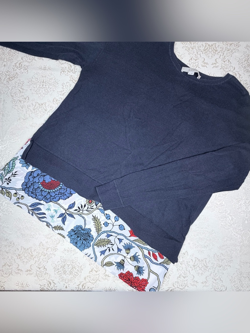 LOFT Navy Layered-Hem Sweater Top, Small, Floral